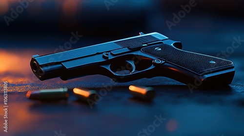 Handgun with bullets on dark surface 