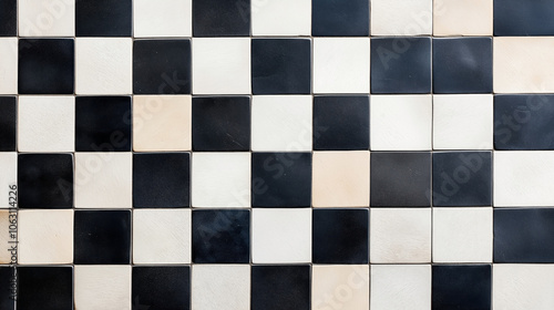 A pattern of square tiles in a black and white checkerboard design, arranged in an alternating and repetitive layout.