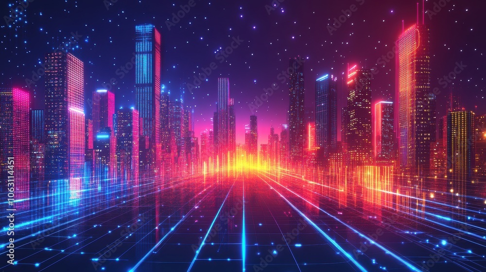 Futuristic neon cityscape with glowing skyscrapers and digital data streams Futuristic neon cityscape with glowing skyscrapers and digital data streams