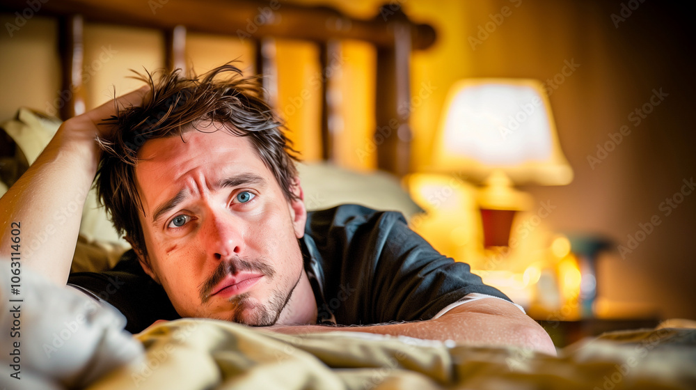 Obraz premium Man lying in bed with wide-open eyes, showing deep concern and fatigue, unable to sleep in dimly lit room with soft glow from nightstand lamp. 