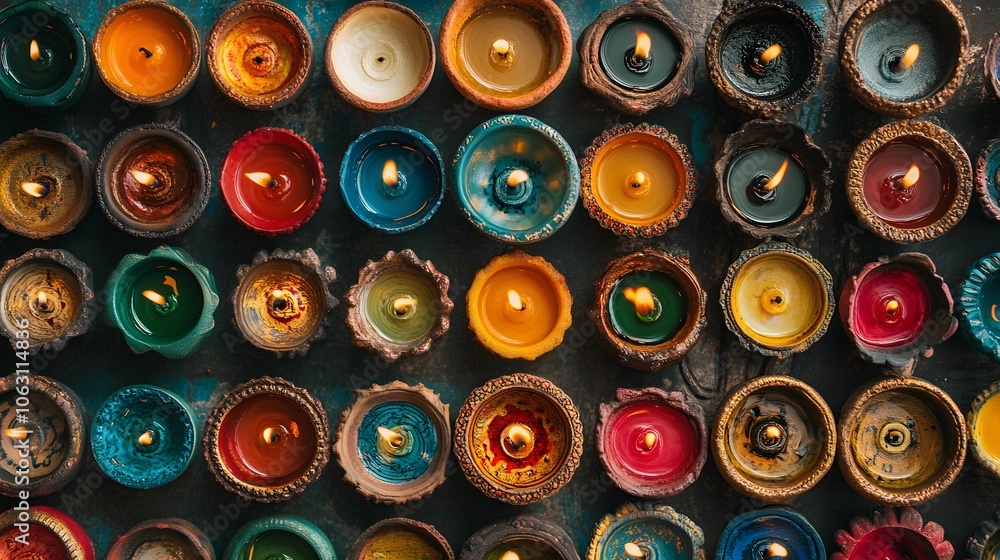 A Collection of Colorful, Burning Candles in Rustic Clay Holders A Collection of Colorful, Burning Candles in Rustic Clay Holders