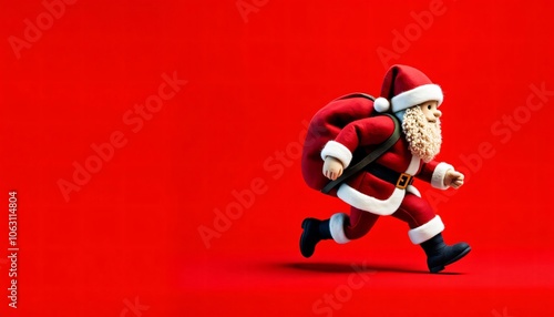 Santa Claus runs around handing out gifts in a red background.