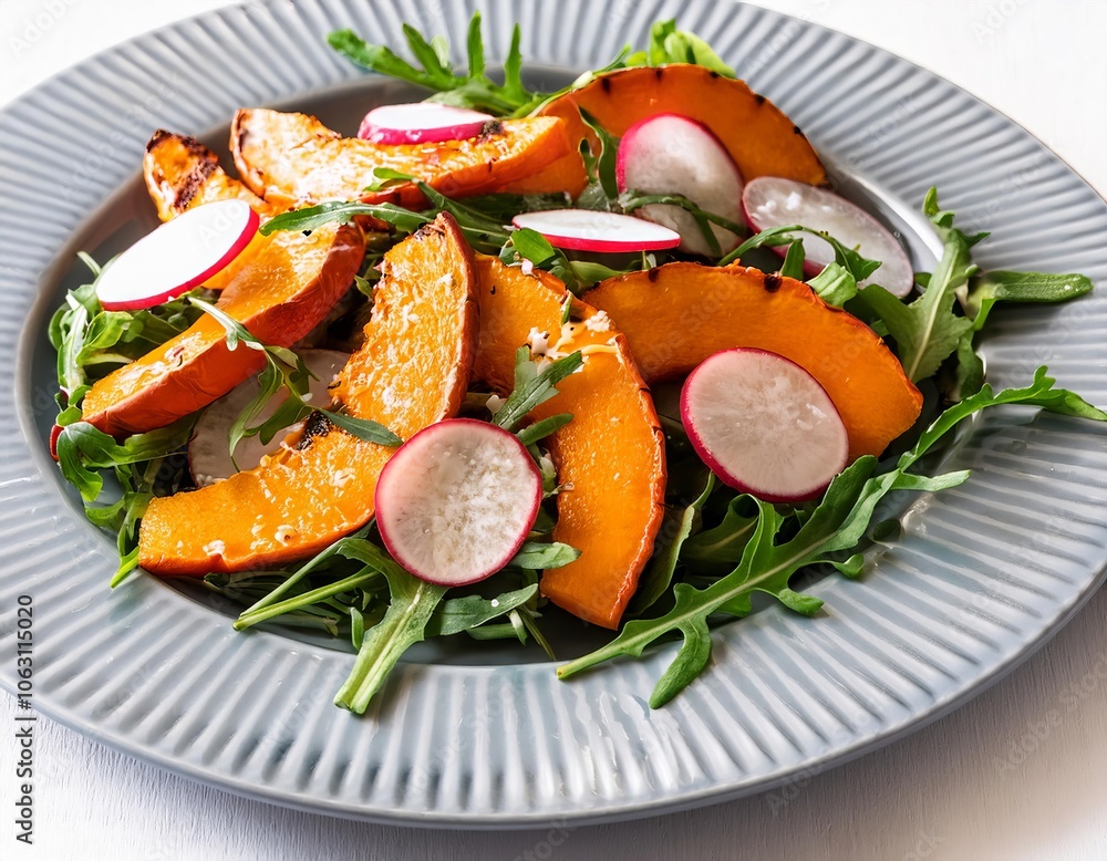 Roasted pumpkin and radish salad with fresh arugula on grey plate Roasted pumpkin and radish salad with fresh arugula on grey plate