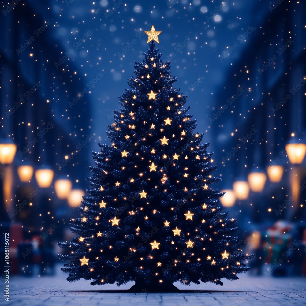 A beautifully decorated Christmas tree with lights and stars in a snowy street. A beautifully decorated Christmas tree with lights and stars in a snowy street.