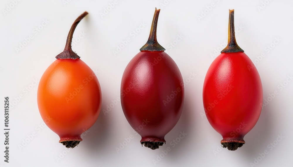 Close-Up of Fresh Rosehips Isolated on White Background, Showcasing Vibrant Red and Orange Colors with High Detail. Ideal for Use in Natural Health, Skincare, and Organic Product Concepts Close-Up of Fresh Rosehips Isolated on White Background, Showcasing Vibrant Red and Orange Colors with High Detail. Ideal for Use in Natural Health, Skincare, and Organic Product Concepts