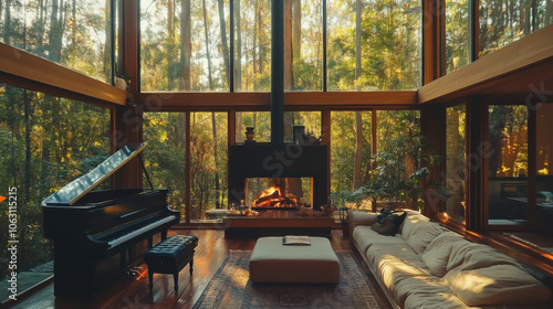 Cozy modern living room with a fireplace and grand piano surrounded by lush forest during the day