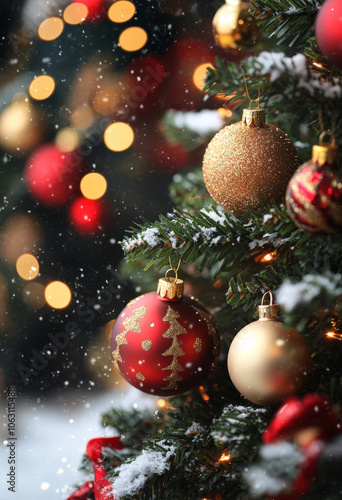 Close-up of decorated Christmas tree. Fir tree with colorful baubles and shiny holiday bokeh