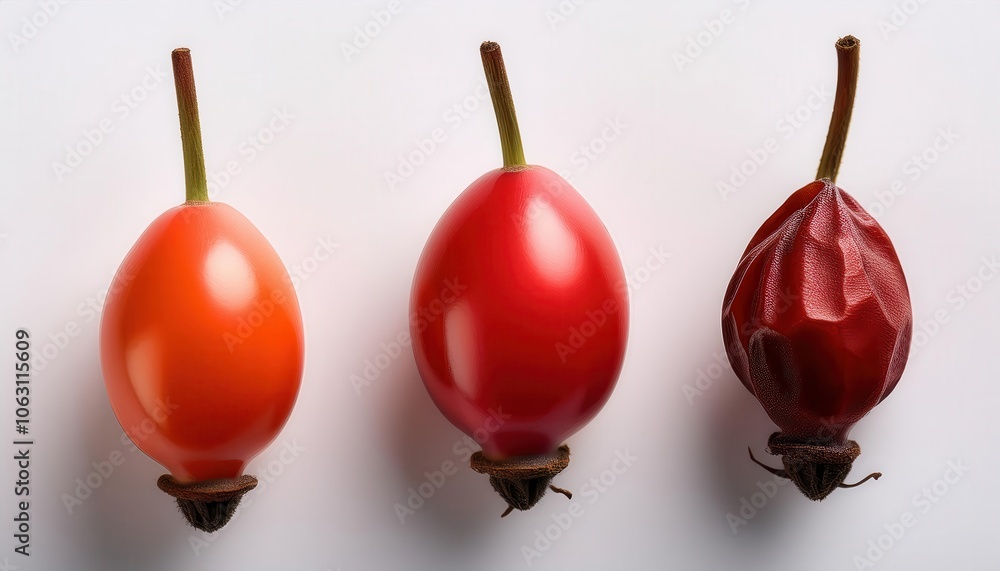 Close-Up of Fresh Rosehips Isolated on White Background, Showcasing Vibrant Red and Orange Colors with High Detail. Ideal for Use in Natural Health, Skincare, and Organic Product Concepts Close-Up of Fresh Rosehips Isolated on White Background, Showcasing Vibrant Red and Orange Colors with High Detail. Ideal for Use in Natural Health, Skincare, and Organic Product Concepts