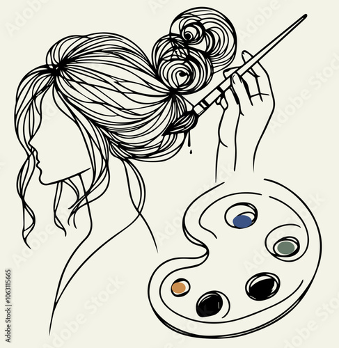 one-line art illustration featuring the head of a man painting her hair with a hairdresser's brush and an artist's palette