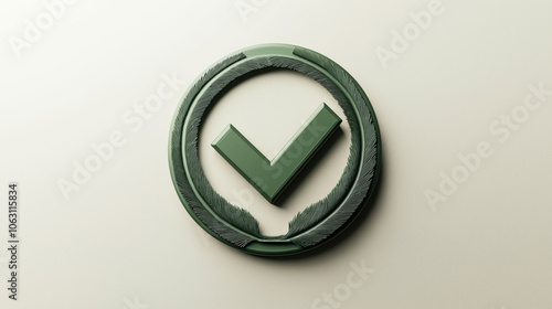 Green checkmark emblem with feather details on a textured light background, symbolizing approval or correctness with decorative elements