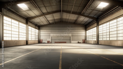 Empty Warehouse with Sunlit Windows 