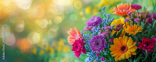 Colorful bouquet of wildflowers illuminated by soft sunlight in a serene garden