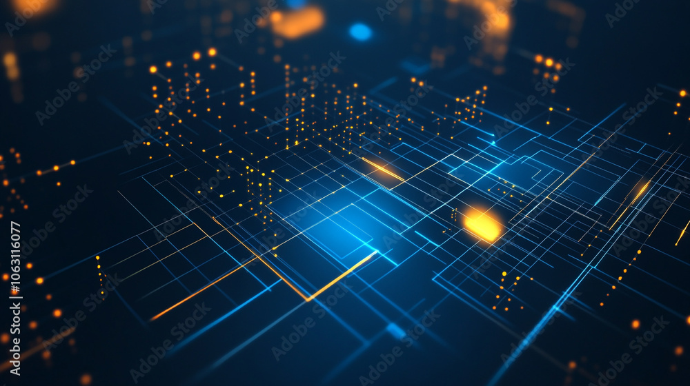 abstract background with blue cubes and neon lights. Abstract blue and orange glowing grid with digital cubes in the futuristic cyberspace.