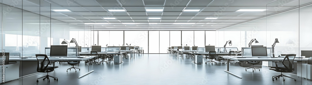 Modern office space with desks, computers, and large windows for a collaborative work environment. AI Image Modern office space with desks, computers, and large windows for a collaborative work environment. AI Image