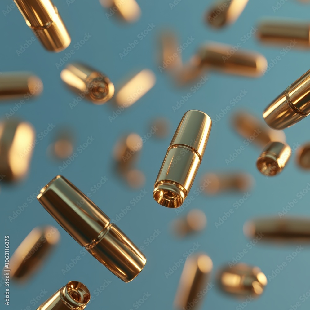 Falling Bullet Shells on Blue Background Falling Bullet Shells on Blue Background