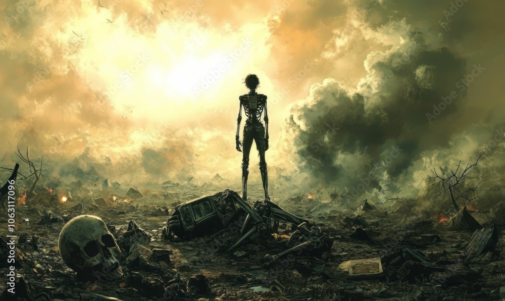 A skeletal figure stands in a post-apocalyptic wasteland. A skeletal figure stands in a post-apocalyptic wasteland.