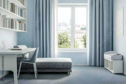 A serene, modern room with a desk, chair, and bed, featuring large windows and soft colors. AI Image