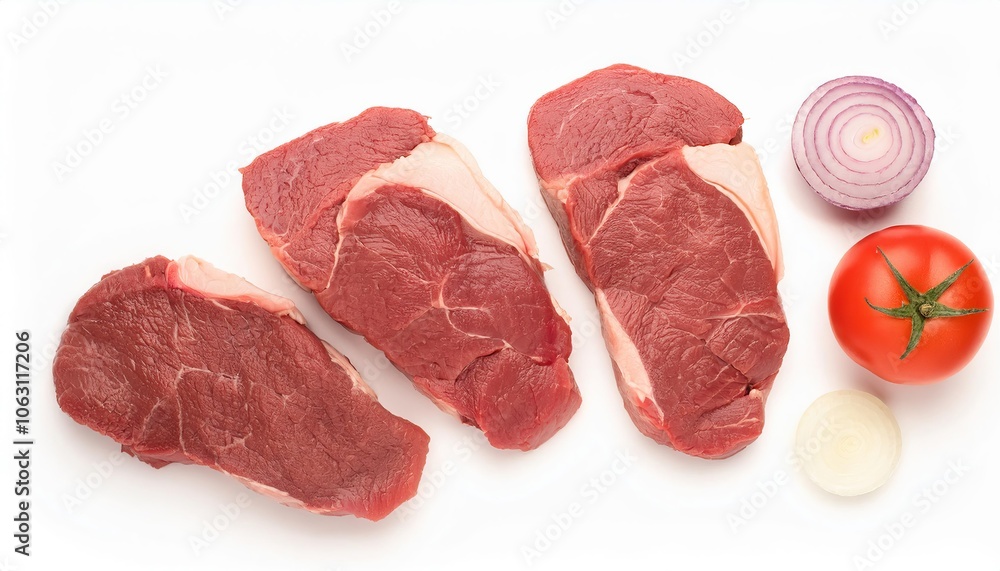 Fresh raw beef steaks with vegetables on white background Fresh raw beef steaks with vegetables on white background