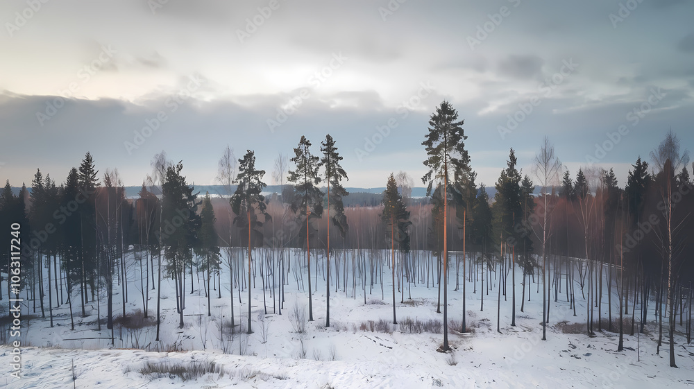 Fototapeta premium Serene winter landscape featuring tall evergreen trees amidst a snowy field, with a cloudy sky and distant hills, creating a peaceful natural scene in a rural setting.