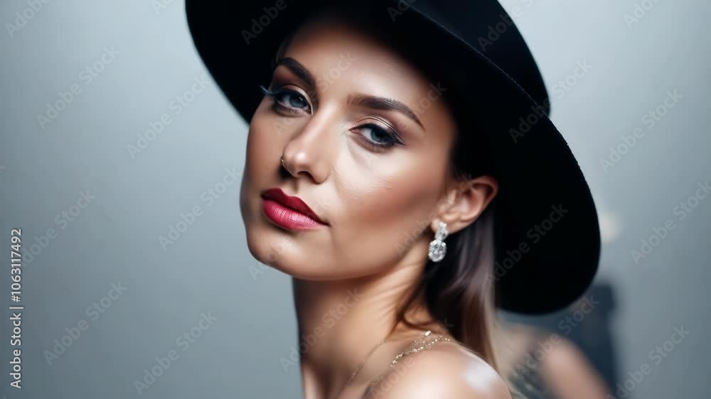 Elegant woman with red lips in black hat and earrings Elegant woman with red lips in black hat and earrings