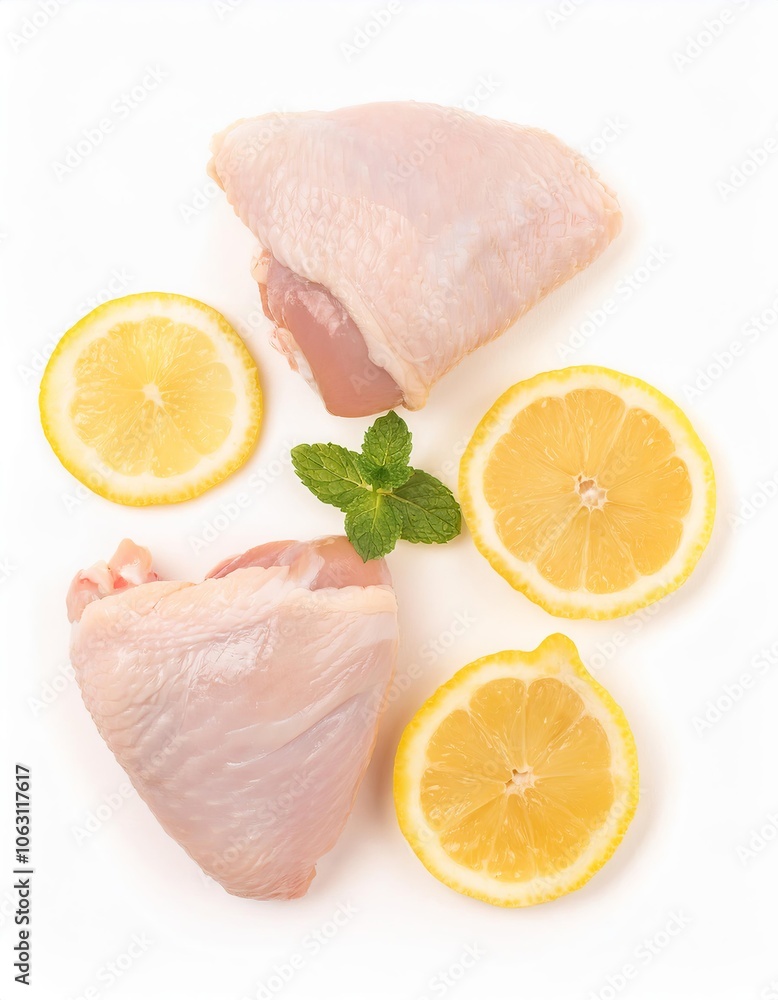 Raw chicken thighs with lemon and mint on white background Raw chicken thighs with lemon and mint on white background