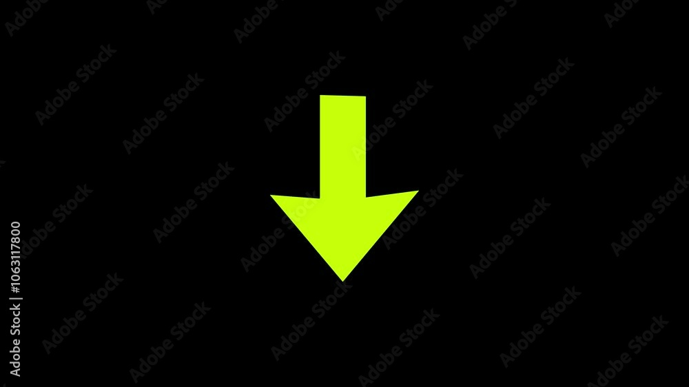 Animated arrow pointing down. white down arrow on black screen