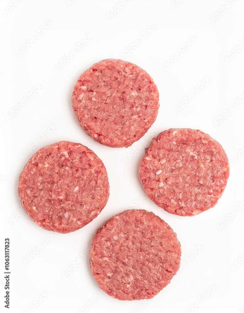 Four fresh raw ground beef patties lying on white background Four fresh raw ground beef patties lying on white background