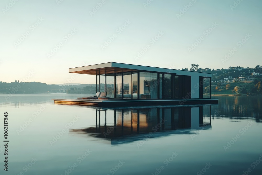 A modernist residence with sweeping panoramic views sits elegantly on a serene lake, offering a luxurious lifestyle amidst tranquil waters and distant hills. A modernist residence with sweeping panoramic views sits elegantly on a serene lake, offering a luxurious lifestyle amidst tranquil waters and distant hills.