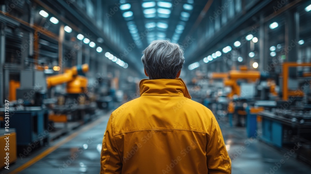 A worker in a yellow jacket looks over a factory floor with several robotic arms operating on the production line. A worker in a yellow jacket looks over a factory floor with several robotic arms operating on the production line.