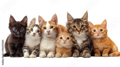 Group of adorable kittens sitting together, isolated on transparent background