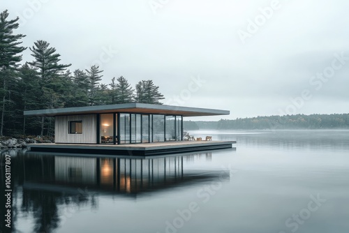 A sleek, modern cabin with large glass walls rests peacefully on a calm lake, surrounded by a lush green forest, creating a serene and harmonious setting for relaxation.
