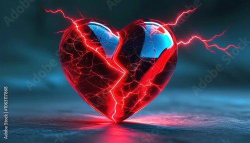 A glass “Broken Heart” with lightning bolts and a blue-red glow behind it. photo