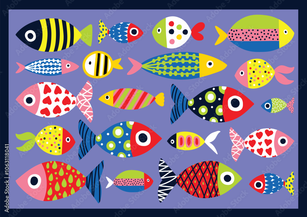 Poster with fish. Cute set. Vector illustration.Interior poster. Poster with fish. Cute set. Vector illustration.Interior poster.