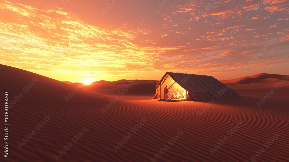 A lone tent glows in the desert at sunset A lone tent glows in the desert at sunset