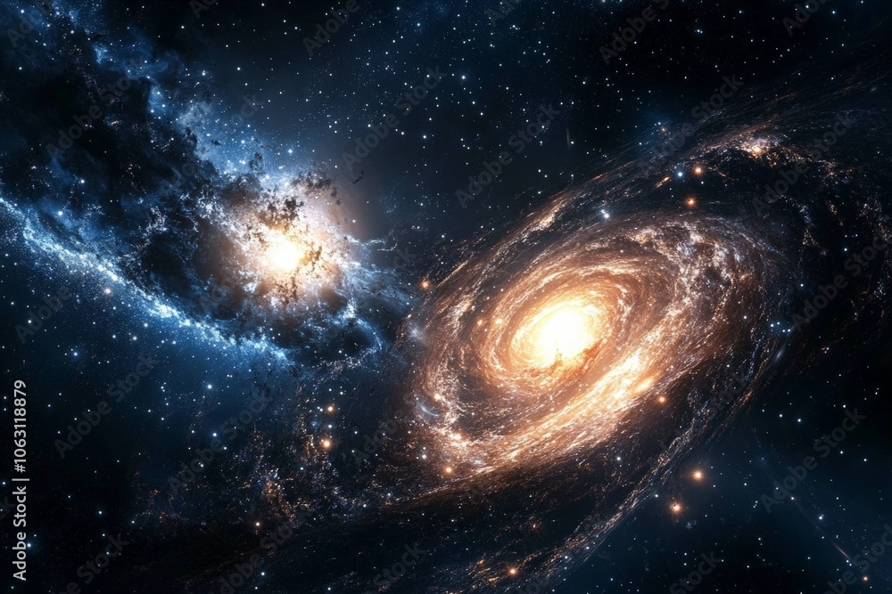 Fototapeta premium A magnificent depiction of a galactic collision, revealing the beauty and chaos of galaxies merging in the vast cosmos with brilliant colors and swirling formations.