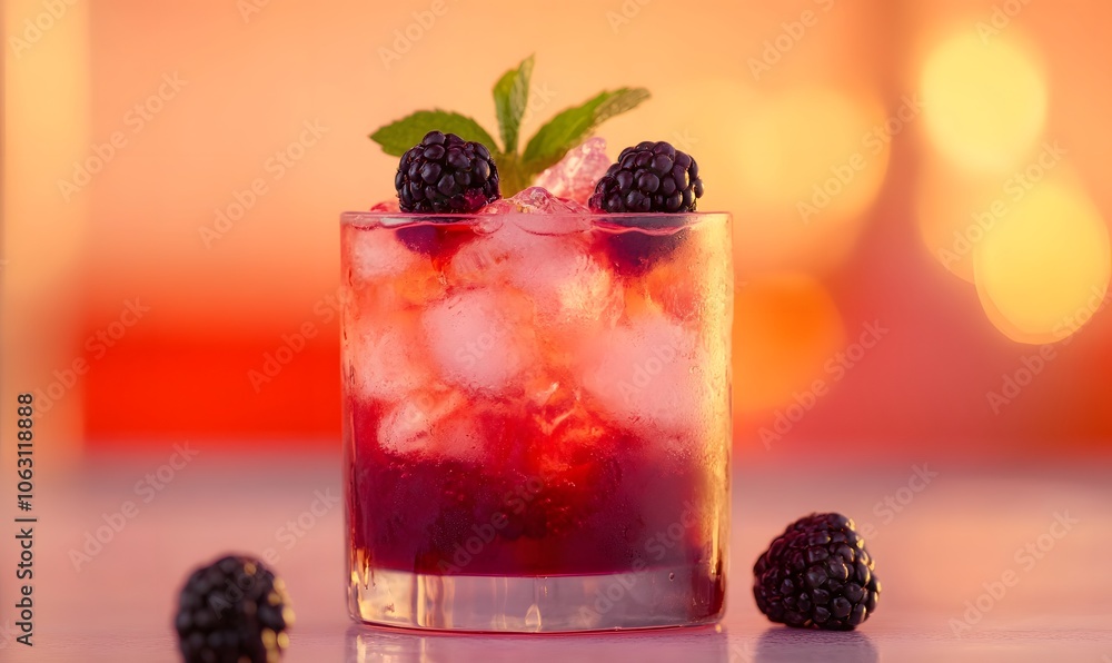A tall glass filled with large ice cubes and a vibrant red drink or cherry juice, Generative AI A tall glass filled with large ice cubes and a vibrant red drink or cherry juice, Generative AI