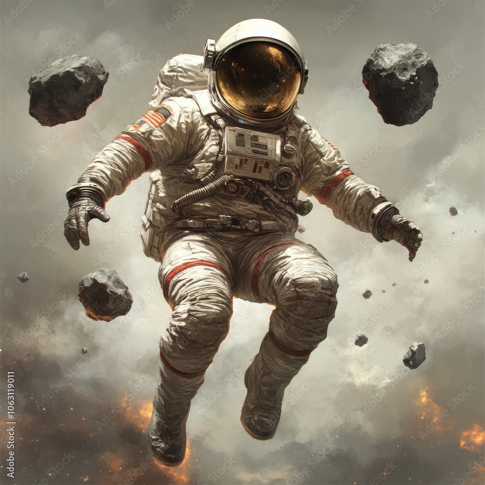 Astronaut floating in space among asteroids and cosmic clouds. Astronaut floating in space among asteroids and cosmic clouds.