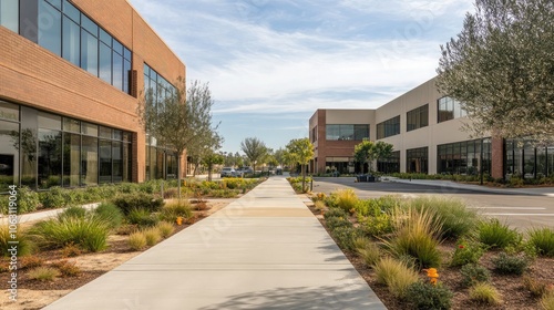 Modern Office Park with Green Landscape and Pathway