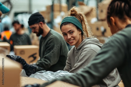 A smiling young volunteer wearing a green hoodie and packing items, illustrating the spirit of giving, altruism, and the joy of helping others. photo