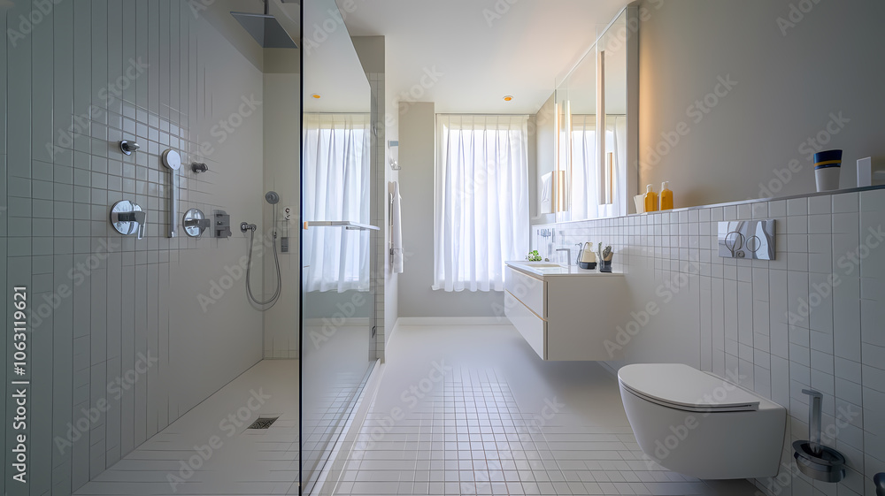 Modern bathroom design featuring a spacious walk-in shower with glass enclosure, minimalist fixtures, bright lighting, and sleek tile floors, creating a fresh and inviting atmosphere. Modern bathroom design featuring a spacious walk-in shower with glass enclosure, minimalist fixtures, bright lighting, and sleek tile floors, creating a fresh and inviting atmosphere.