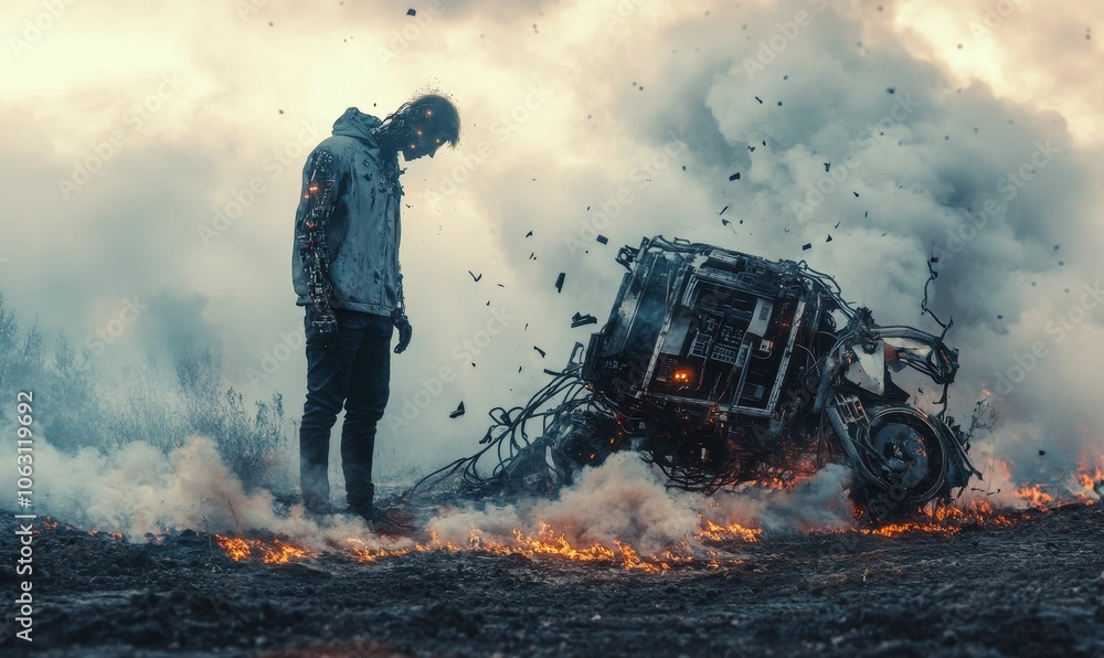Fototapeta premium Cyborg stands over burning wreckage in a desolate landscape.