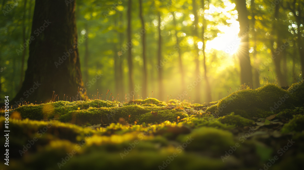 Obraz premium Sunlight filters through trees, illuminating lush green moss on the forest floor during a serene morning
