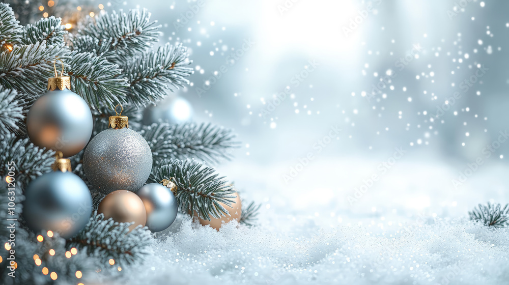 Christmas background with snowflakes, balls, fir branches. Happy New Year card Christmas background with snowflakes, balls, fir branches. Happy New Year card