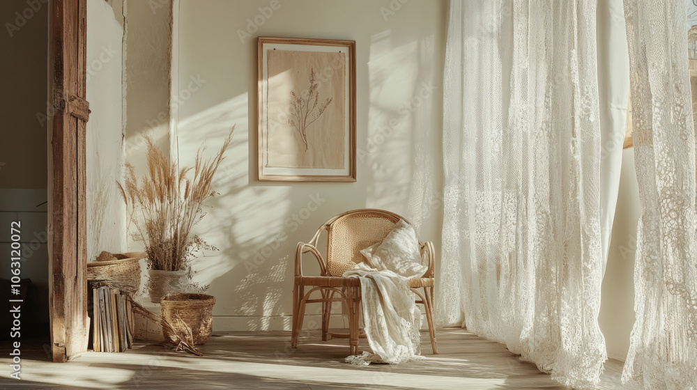Stylish boho bohemian living room mock up mockup with neutral tones and comfortable tranquil interior design framed wall art sunny airy lace curtains comfortable welcoming romantic cottage core decor Stylish boho bohemian living room mock up mockup with neutral tones and comfortable tranquil interior design framed wall art sunny airy lace curtains comfortable welcoming romantic cottage core decor