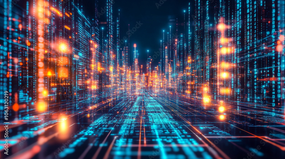 Abstract visualization of data, with blue and orange light trails., Abstract technology concept building. Abstract visualization of data, with blue and orange light trails., Abstract technology concept building.