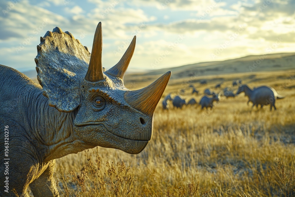 Fototapeta premium A majestic triceratops roams a sunlit grassy field, symbolizing nature's ancient beauty and the timeless grandeur of prehistoric creatures.