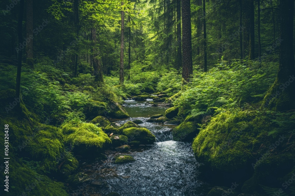 A vibrant forest stream surrounded by lush green foliage, mossy rocks, and towering trees, offering a refreshing and invigorating escape into nature's embrace. A vibrant forest stream surrounded by lush green foliage, mossy rocks, and towering trees, offering a refreshing and invigorating escape into nature's embrace.