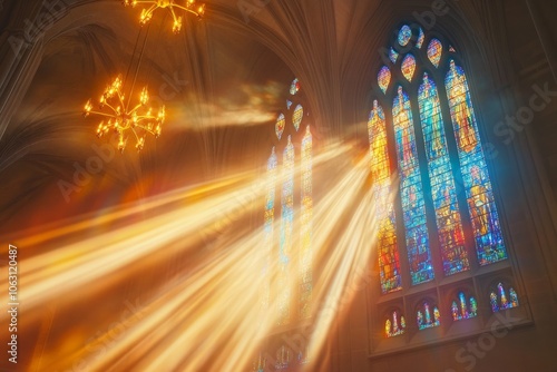 Brilliant sunbeams cascade through intricate stained glass windows, filling a grand cathedral with a magical glow, highlighting the artistry and reverence inside. photo