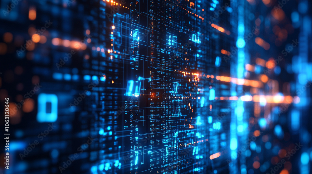 background with lots spots, Exclamation mark icon with glowing binary code on blue background background with lots spots, Exclamation mark icon with glowing binary code on blue background