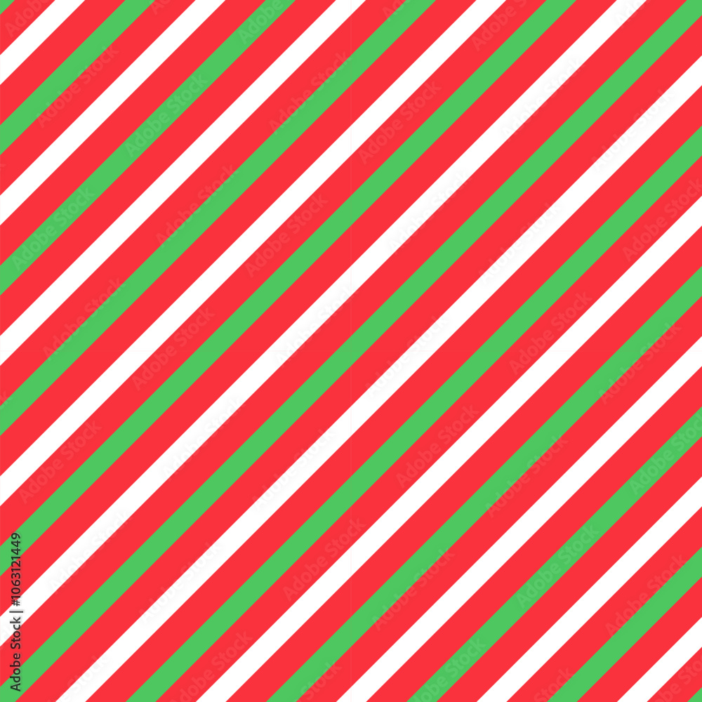 Simple Christmas seamless pattern. Vector red, green, white striped diagonal background. Geometric festive holiday texture for decor, fabric, design, New Year gift wrapping paper. Simple Christmas seamless pattern. Vector red, green, white striped diagonal background. Geometric festive holiday texture for decor, fabric, design, New Year gift wrapping paper.